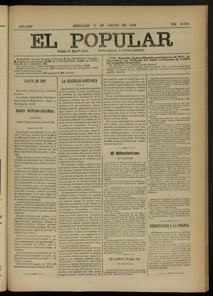 Miniatura de El Popular: diario independiente, político, literario y de noticias de interés general del 17 de agosto de 1892, nº 10230