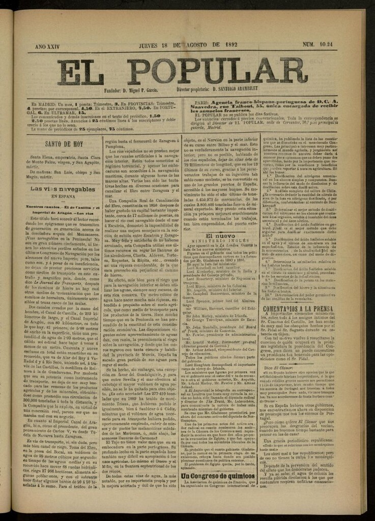 Miniatura de El Popular: diario independiente, político, literario y de noticias de interés general del 18 de agosto de 1892, nº 1024 [sic]