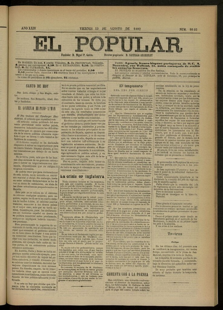 Miniatura de El Popular: diario independiente, político, literario y de noticias de interés general del 19 de agosto de 1892, nº 1025 [sic]