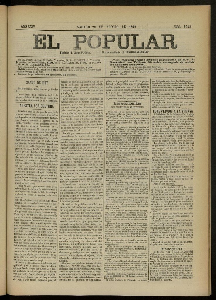 Miniatura de El Popular: diario independiente, político, literario y de noticias de interés general del 20 de agosto de 1892, nº 1026 [sic]