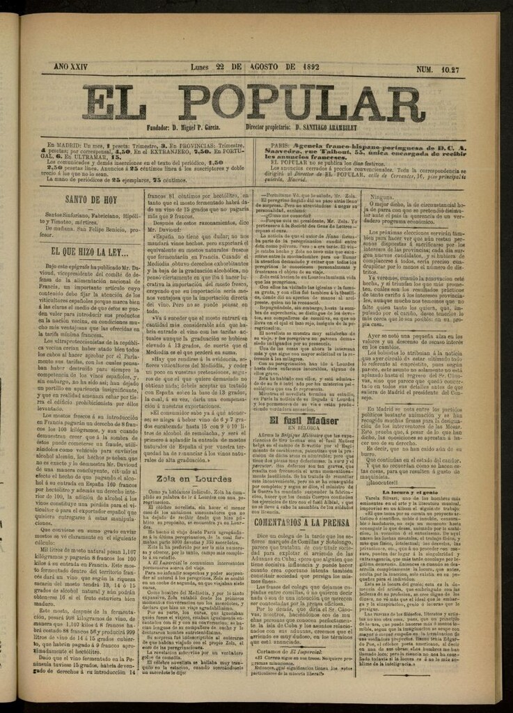 Miniatura de El Popular: diario independiente, político, literario y de noticias de interés general del 22 de agosto de 1892, nº 1027 [sic]