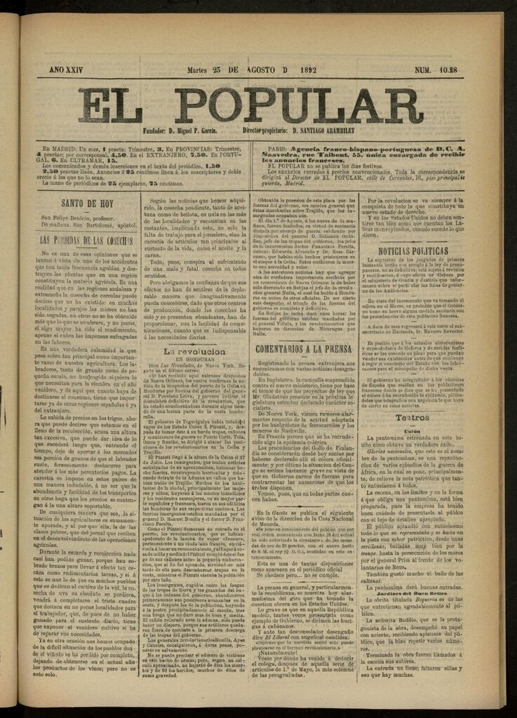 Miniatura de El Popular: diario independiente, político, literario y de noticias de interés general del 23 de agosto de 1892, nº 1028 [sic]