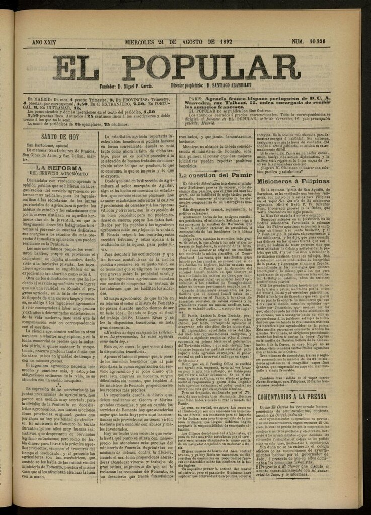Miniatura de El Popular: diario independiente, político, literario y de noticias de interés general del 24 de agosto de 1892, nº 10236