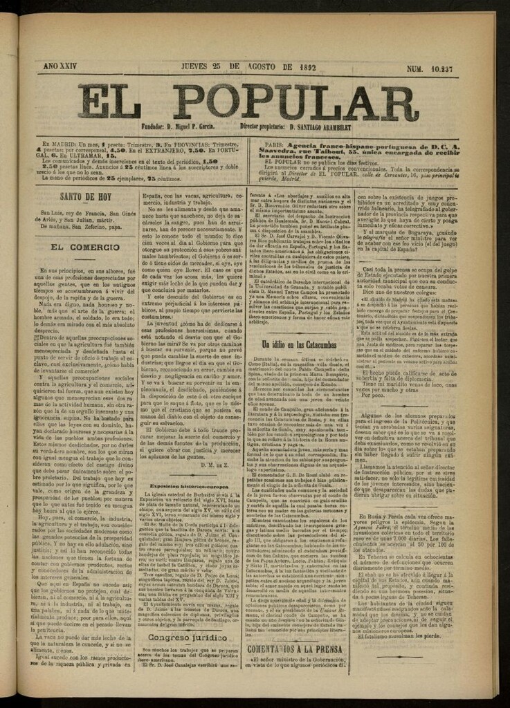 Miniatura de El Popular: diario independiente, político, literario y de noticias de interés general del 25 de agosto de 1892, nº 10237