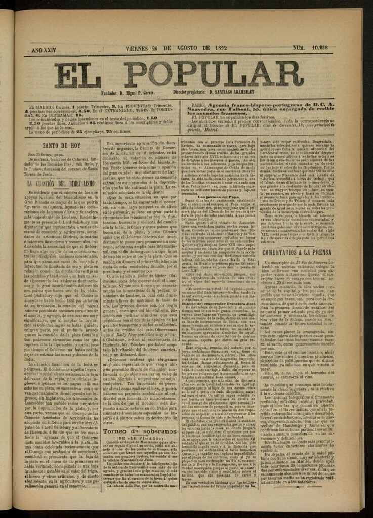 Miniatura de El Popular: diario independiente, político, literario y de noticias de interés general del 26 de agosto de 1892, nº 10238