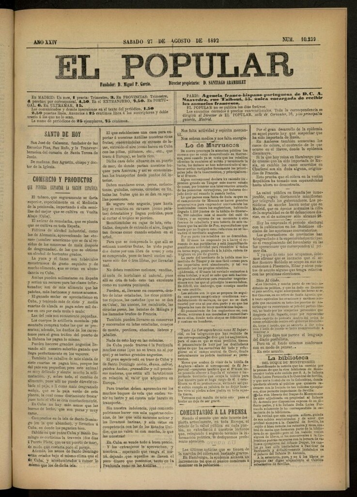 Miniatura de El Popular: diario independiente, político, literario y de noticias de interés general del 27 de agosto de 1892, nº 10239