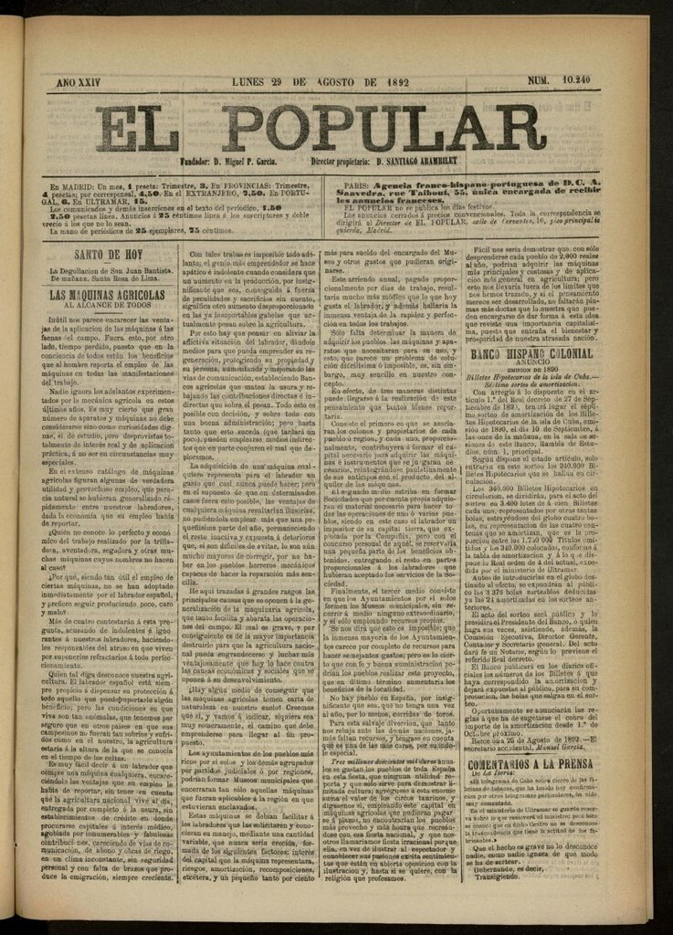 Miniatura de El Popular: diario independiente, político, literario y de noticias de interés general del 29 de agosto de 1892, nº 10240
