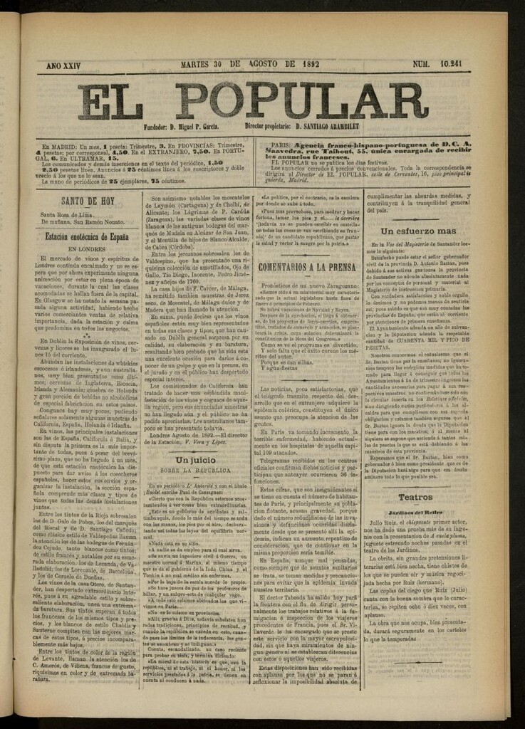 Miniatura de El Popular: diario independiente, político, literario y de noticias de interés general del 30 de agosto de 1892, nº 10241