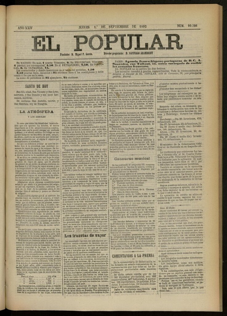 Miniatura de El Popular: diario independiente, político, literario y de noticias de interés general del 1 de septiembre de 1892, nº 10326
