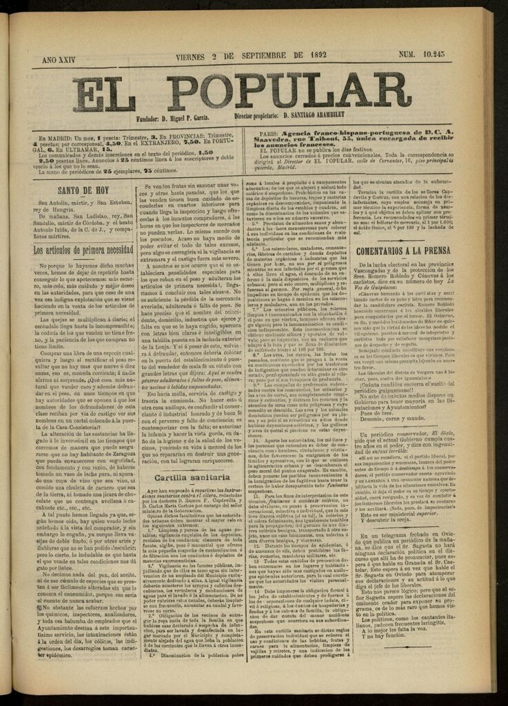 Miniatura de El Popular: diario independiente, político, literario y de noticias de interés general del 2 de septiembre de 1892, nº 10243
