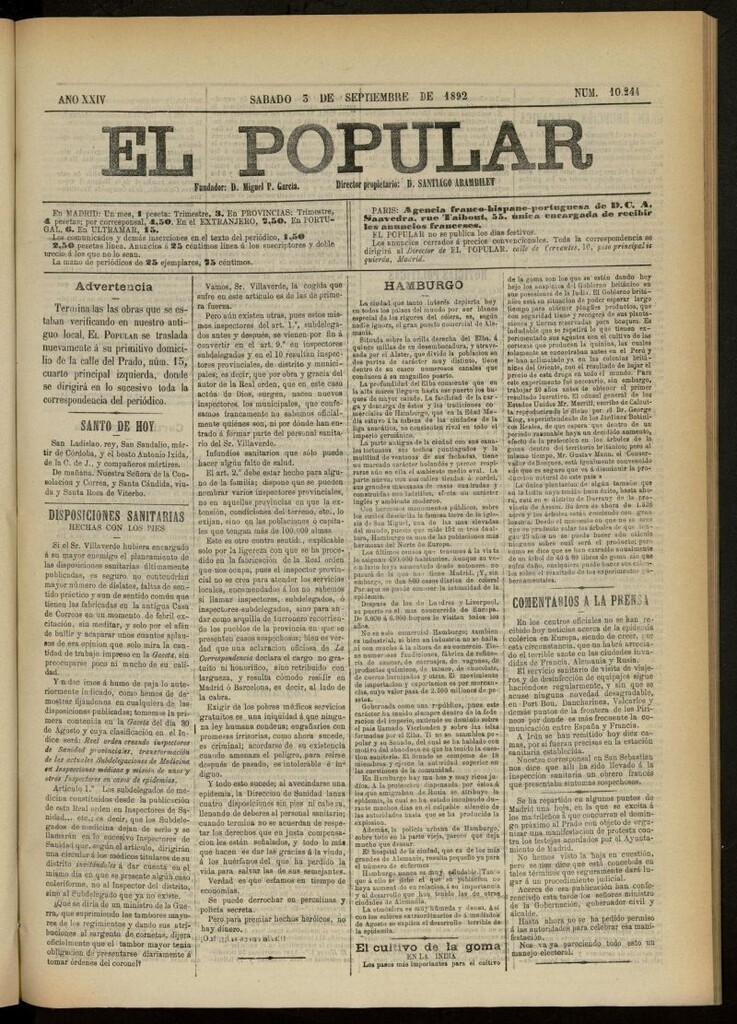 Miniatura de El Popular: diario independiente, político, literario y de noticias de interés general del 3 de septiembre de 1892, nº 10244
