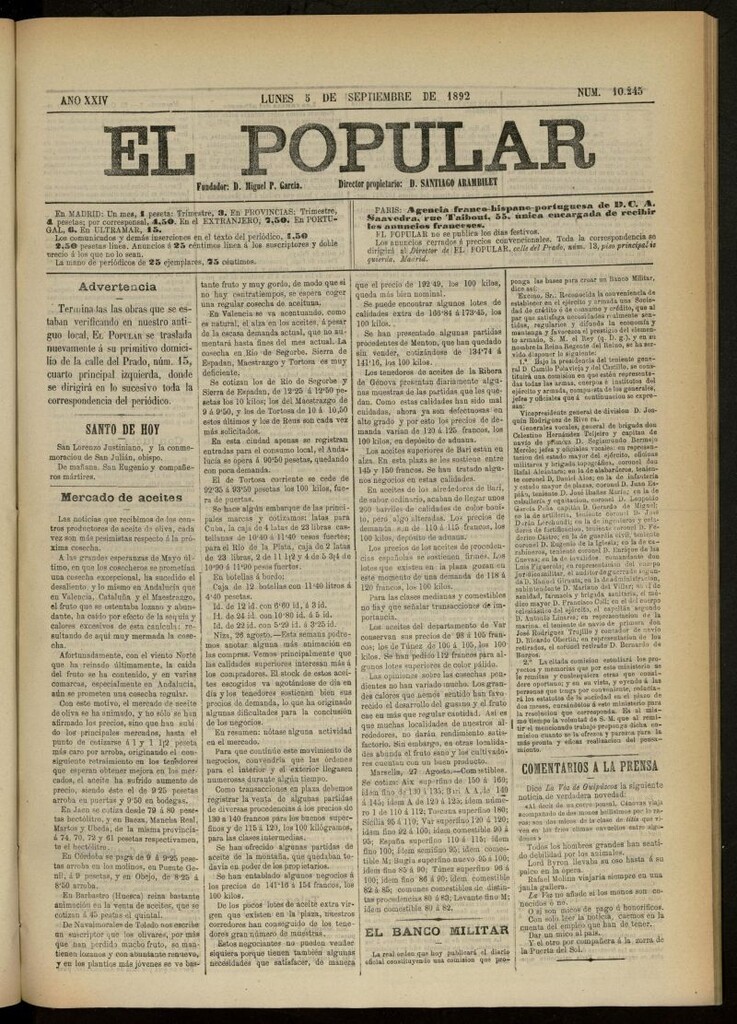 Miniatura de El Popular: diario independiente, político, literario y de noticias de interés general del 5 de septiembre de 1892, nº 10245