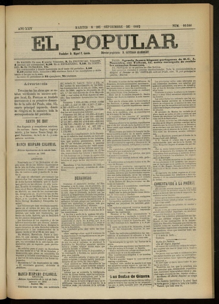 Miniatura de El Popular: diario independiente, político, literario y de noticias de interés general del 6 de septiembre de 1892, nº 10246