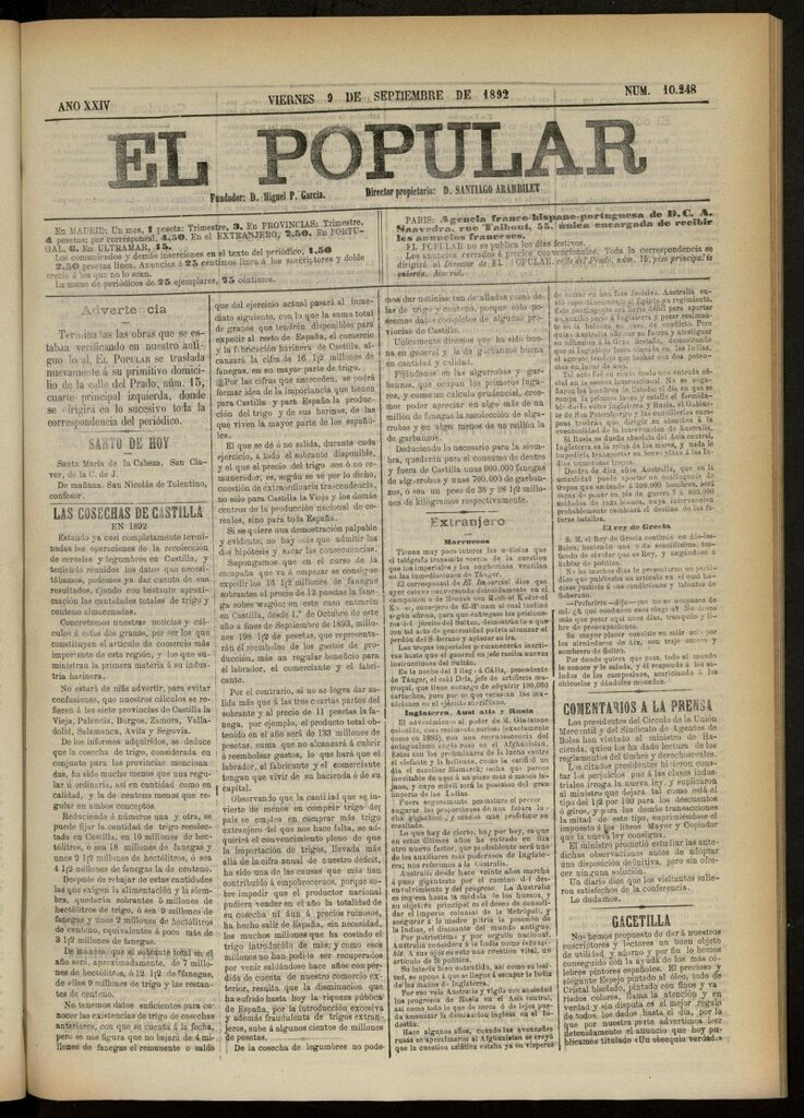 Miniatura de El Popular: diario independiente, político, literario y de noticias de interés general del 9 de septiembre de 1892, nº 10248