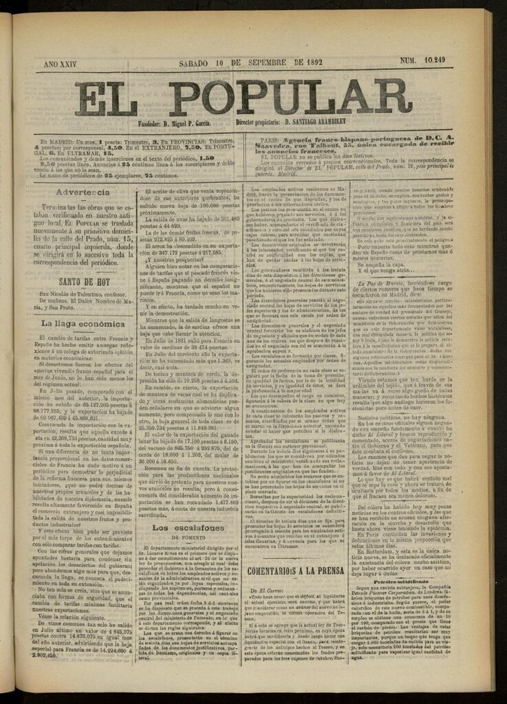 Miniatura de El Popular: diario independiente, político, literario y de noticias de interés general del 10 de septiembre de 1892, nº 10249