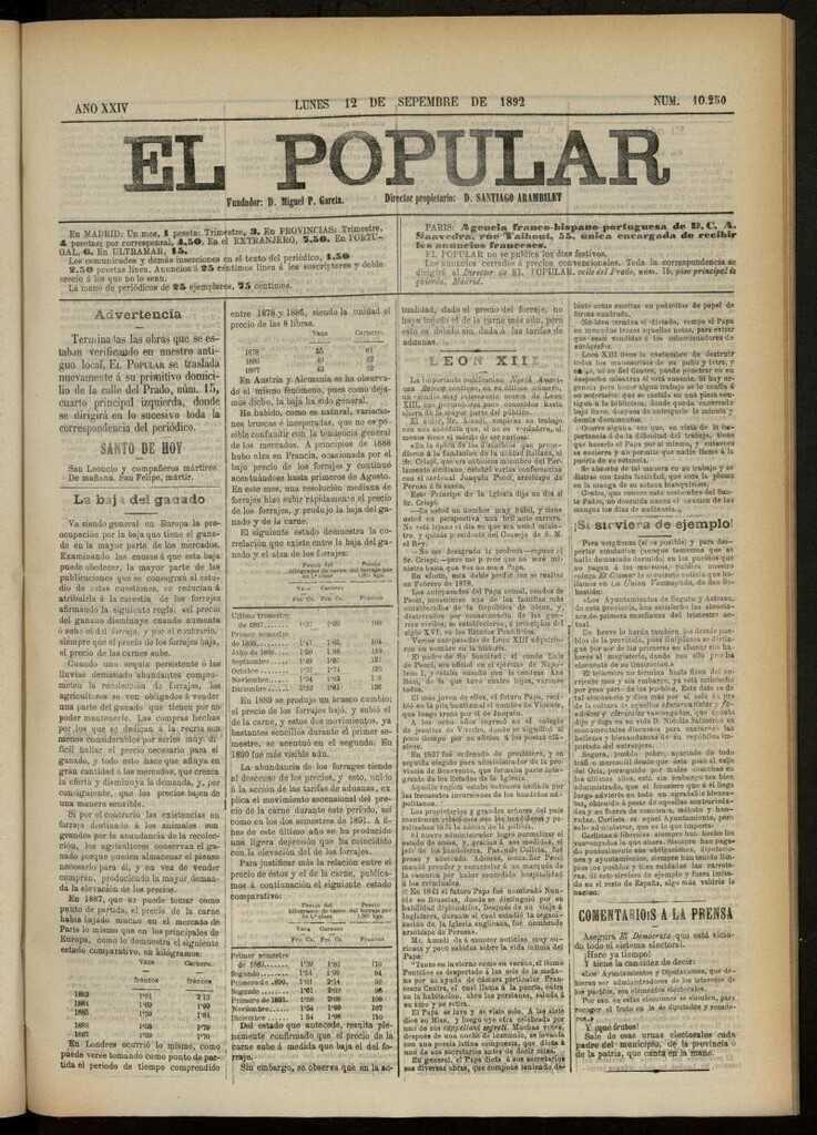 Miniatura de El Popular: diario independiente, político, literario y de noticias de interés general del 12 de septiembre de 1892, nº 10250