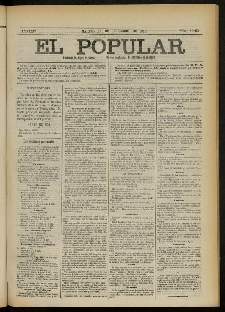 Miniatura de El Popular: diario independiente, político, literario y de noticias de interés general del 13 de septiembre de 1892, nº 10251