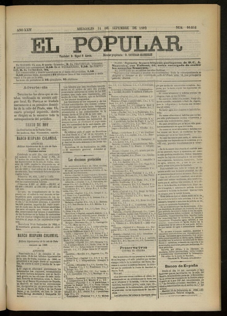 Miniatura de El Popular: diario independiente, político, literario y de noticias de interés general del 14 de septiembre de 1892, nº 10252