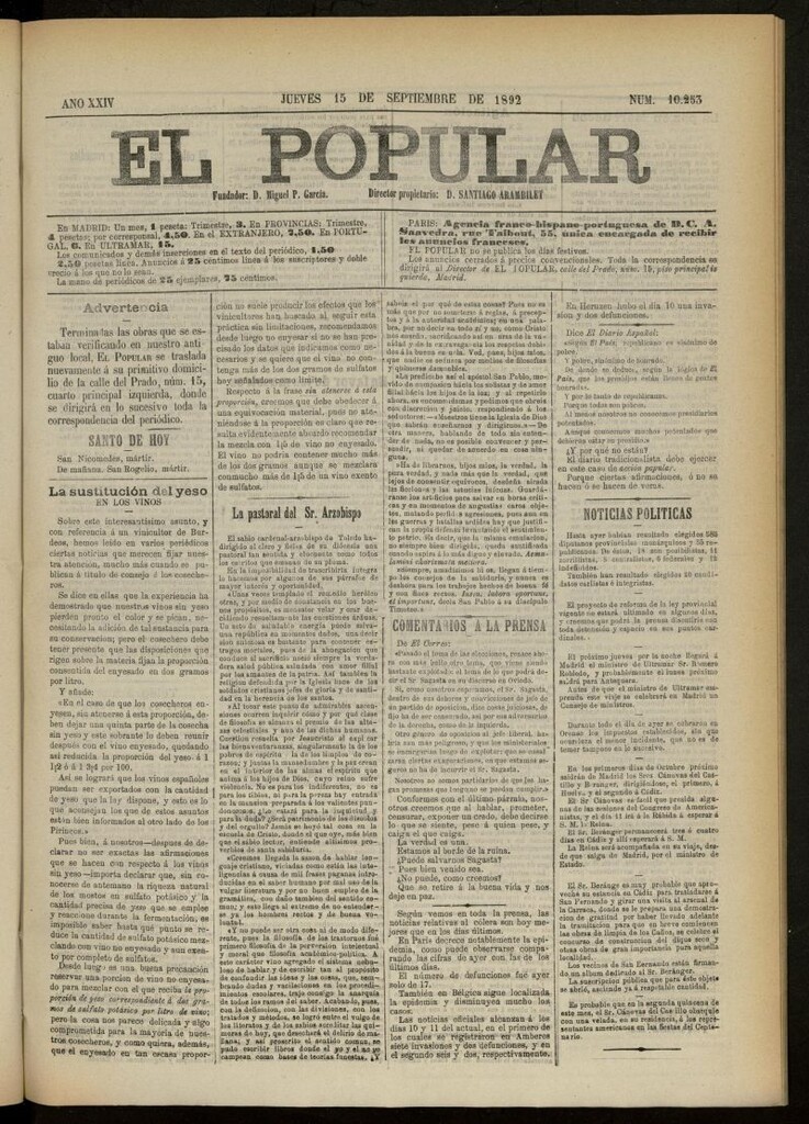Miniatura de El Popular: diario independiente, político, literario y de noticias de interés general del 15 de septiembre de 1892, nº 10253
