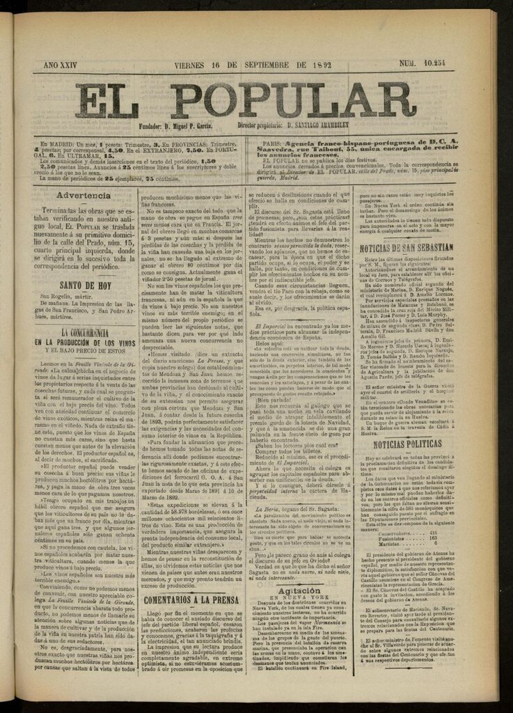 Miniatura de El Popular: diario independiente, político, literario y de noticias de interés general del 16 de septiembre de 1892, nº 10254