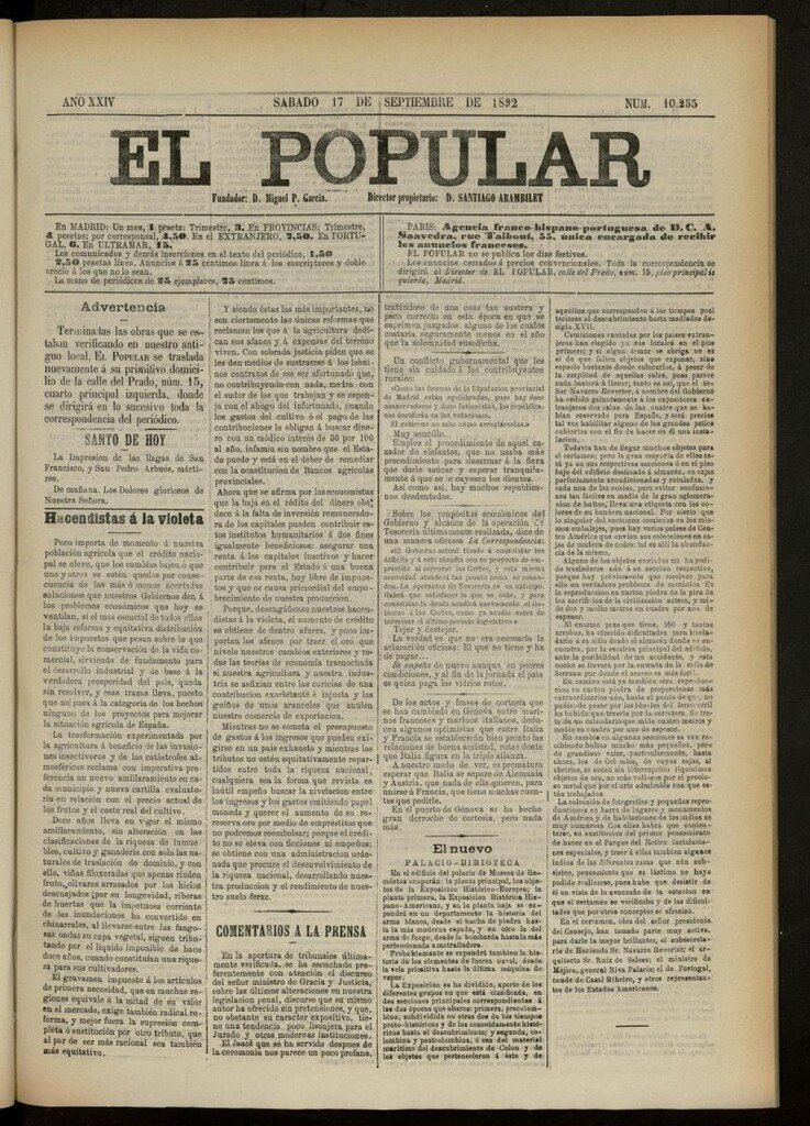Miniatura de El Popular: diario independiente, político, literario y de noticias de interés general del 17 de septiembre de 1892, nº 10255