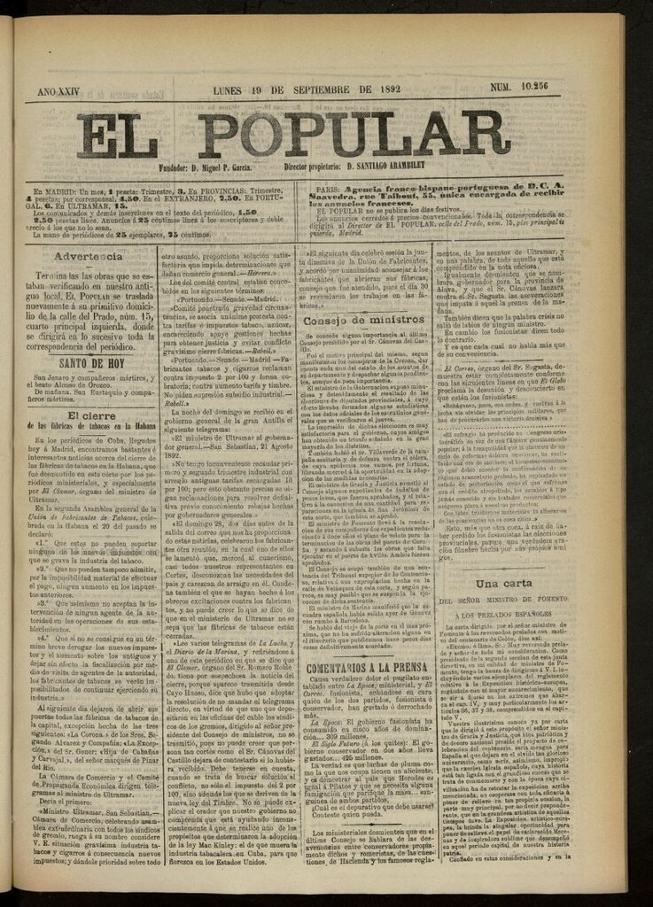 Miniatura de El Popular: diario independiente, político, literario y de noticias de interés general del 19 de septiembre de 1892, nº 10256