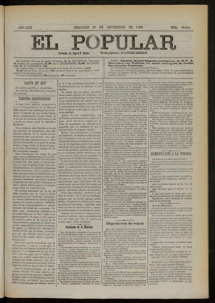 Miniatura de El Popular: diario independiente, político, literario y de noticias de interés general del 21 de septiembre de 1892, nº 10258
