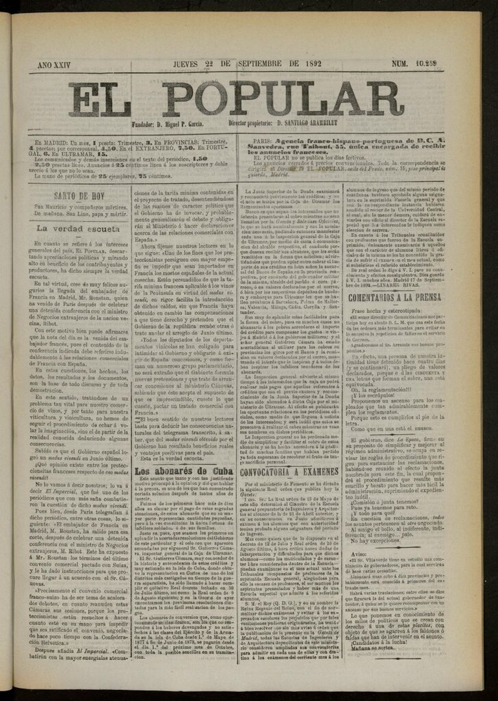 Miniatura de El Popular: diario independiente, político, literario y de noticias de interés general del 22 de septiembre de 1892, nº 10259