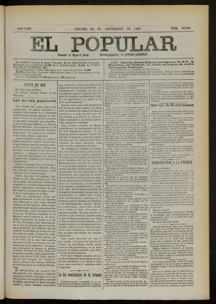 Miniatura de El Popular: diario independiente, político, literario y de noticias de interés general del 23 de septiembre de 1892, nº 10260
