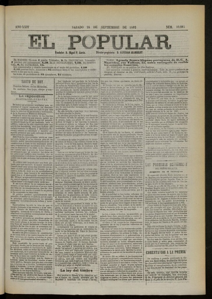 Miniatura de El Popular: diario independiente, político, literario y de noticias de interés general del 24 de septiembre de 1892, nº 10261