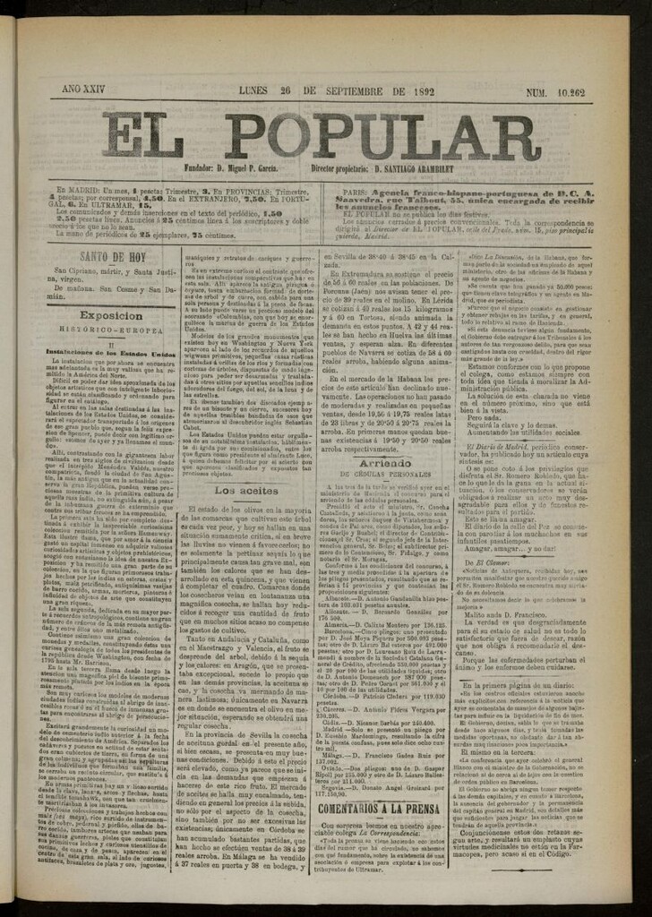 Miniatura de El Popular: diario independiente, político, literario y de noticias de interés general del 26 de septiembre de 1892, nº 10262