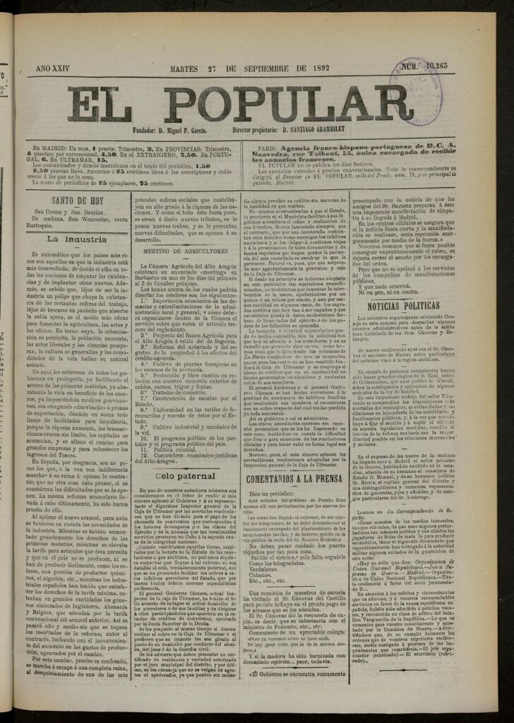 Miniatura de El Popular: diario independiente, político, literario y de noticias de interés general del 27 de septiembre de 1892, nº 10263