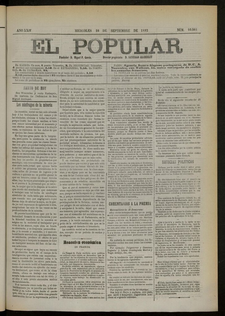 Miniatura de El Popular: diario independiente, político, literario y de noticias de interés general del 28 de septiembre de 1892, nº 10264