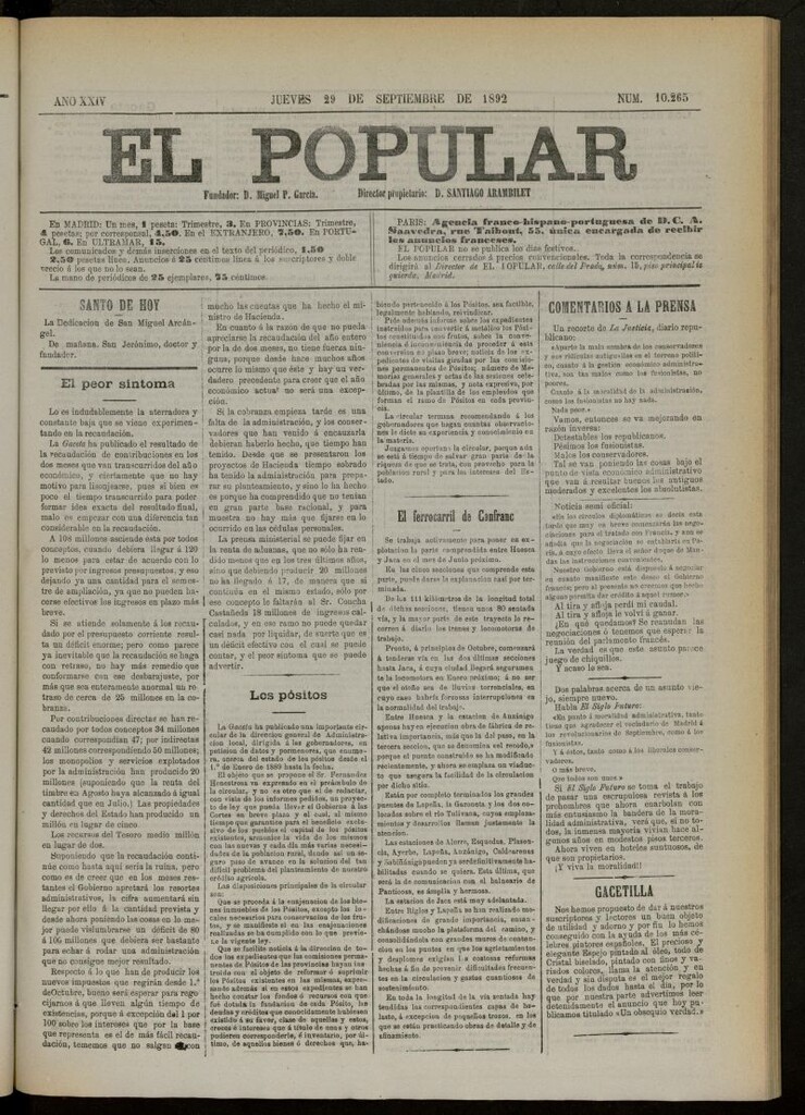Miniatura de El Popular: diario independiente, político, literario y de noticias de interés general del 29 de septiembre de 1892, nº 10265