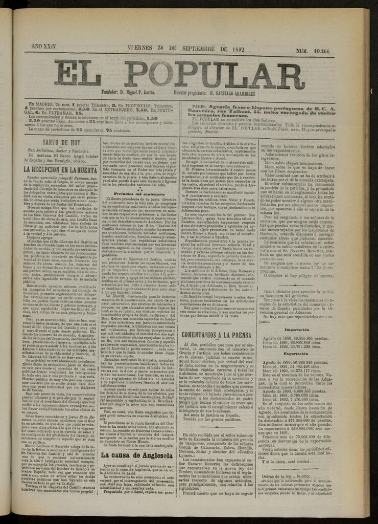 Miniatura de El Popular: diario independiente, político, literario y de noticias de interés general del 30 de septiembre de 1892, nº 10266