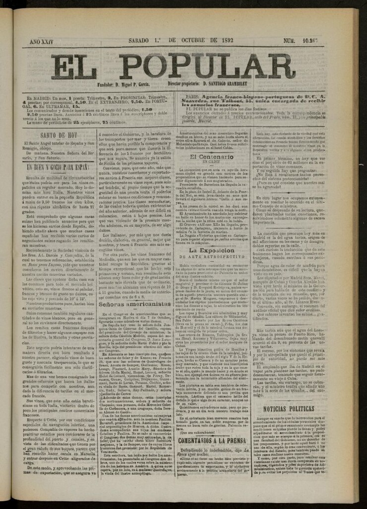 Miniatura de El Popular: diario independiente, político, literario y de noticias de interés general del 1 de octubre de 1892, nº 10267