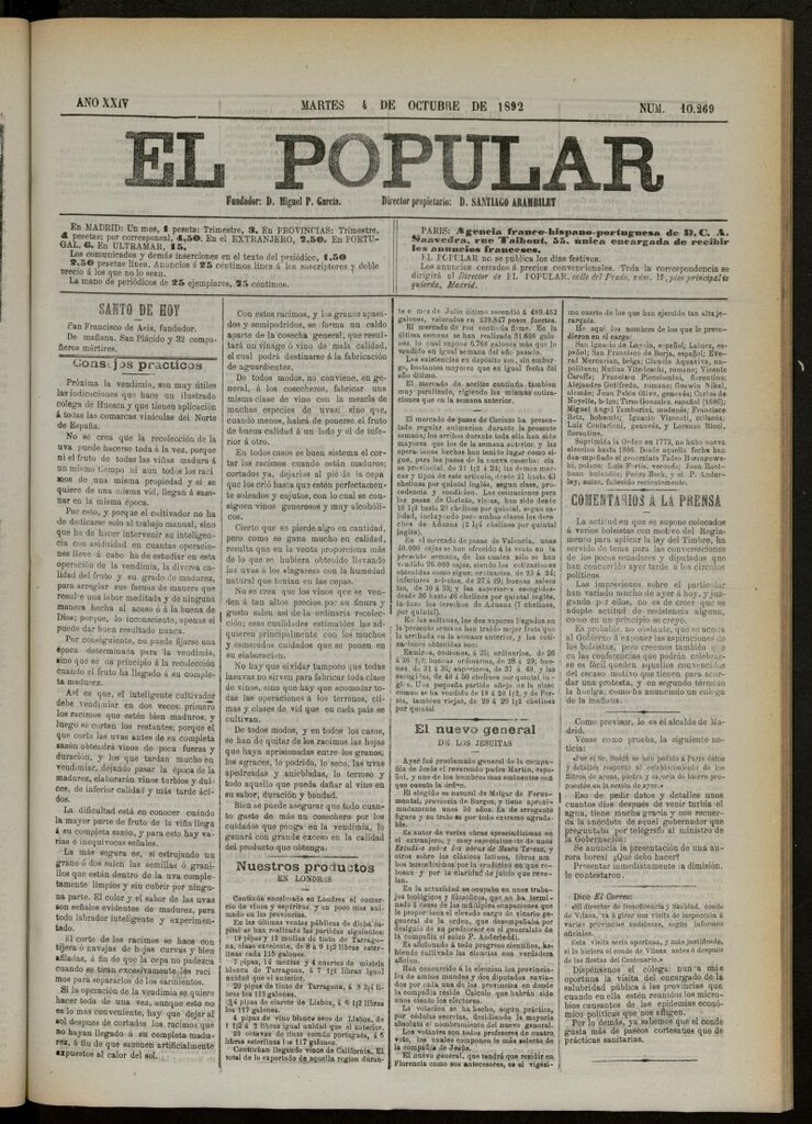 Miniatura de El Popular: diario independiente, político, literario y de noticias de interés general del 4 de octubre de 1892, nº 10269