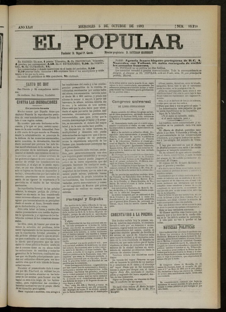 Miniatura de El Popular: diario independiente, político, literario y de noticias de interés general del 5 de octubre de 1892, nº 10270