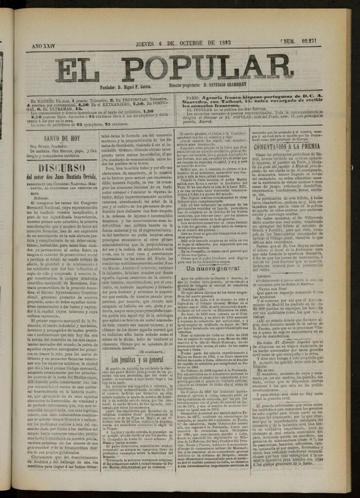 Miniatura de El Popular: diario independiente, político, literario y de noticias de interés general del 6 de octubre de 1892, nº 10271