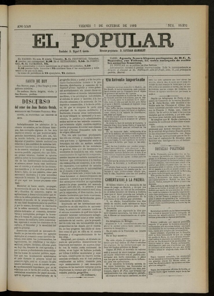 Miniatura de El Popular: diario independiente, político, literario y de noticias de interés general del 7 de octubre de 1892, nº 10272