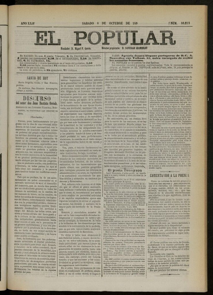 Miniatura de El Popular: diario independiente, político, literario y de noticias de interés general del 8 de octubre de 1892, nº 10273