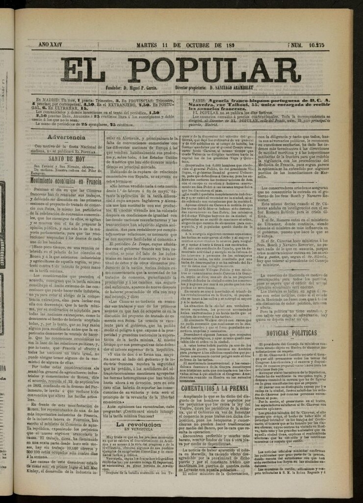 Miniatura de El Popular: diario independiente, político, literario y de noticias de interés general del 11 de octubre de 1892, nº 10275