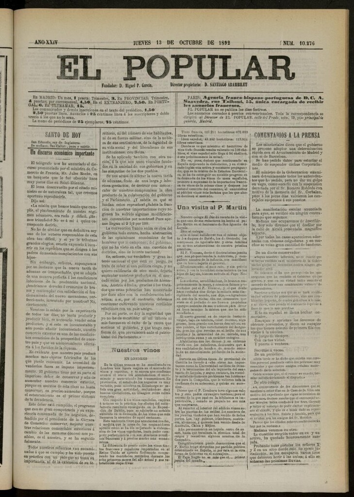 Miniatura de El Popular: diario independiente, político, literario y de noticias de interés general del 13 de octubre de 1892, nº 10276