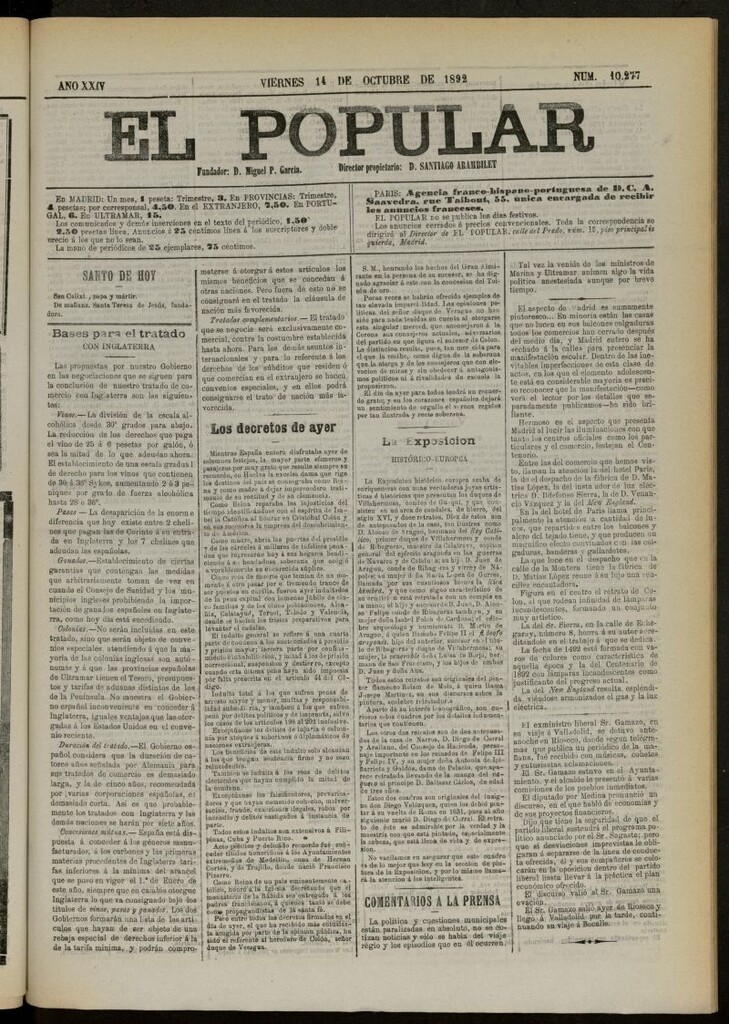 Miniatura de El Popular: diario independiente, político, literario y de noticias de interés general del 14 de octubre de 1892, nº 10277