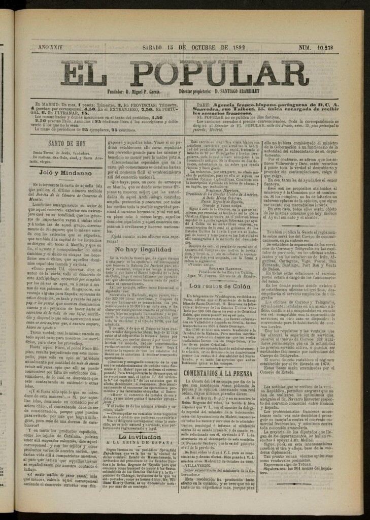 Miniatura de El Popular: diario independiente, político, literario y de noticias de interés general del 15 de octubre de 1892, nº 10278
