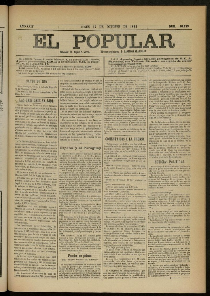 Miniatura de El Popular: diario independiente, político, literario y de noticias de interés general del 17 de octubre de 1892, nº 10279