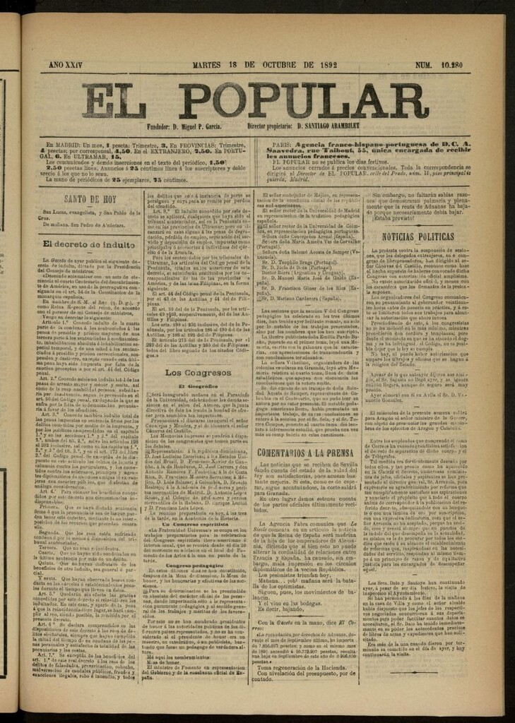 Miniatura de El Popular: diario independiente, político, literario y de noticias de interés general del 18 de octubre de 1892, nº 10280