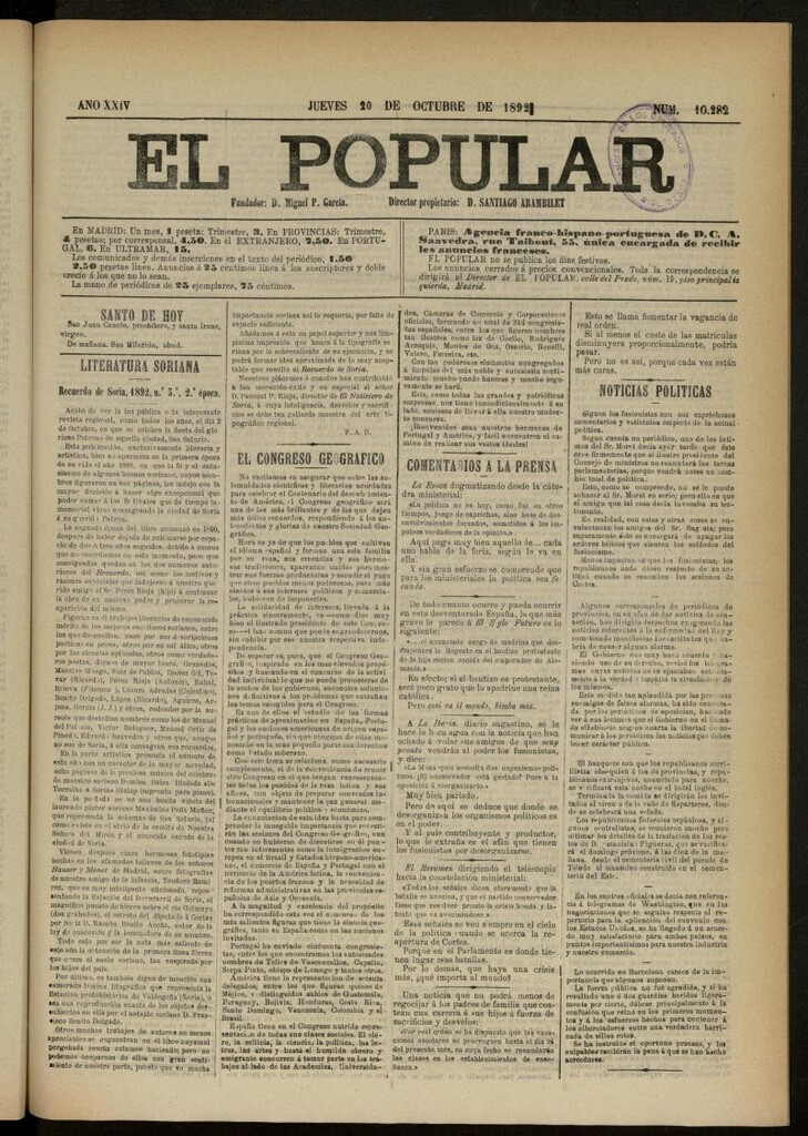 Miniatura de El Popular: diario independiente, político, literario y de noticias de interés general del 20 de octubre de 1892, nº 10282