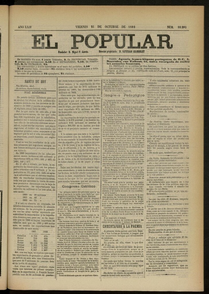 Miniatura de El Popular: diario independiente, político, literario y de noticias de interés general del 21 de octubre de 1892, nº 10283