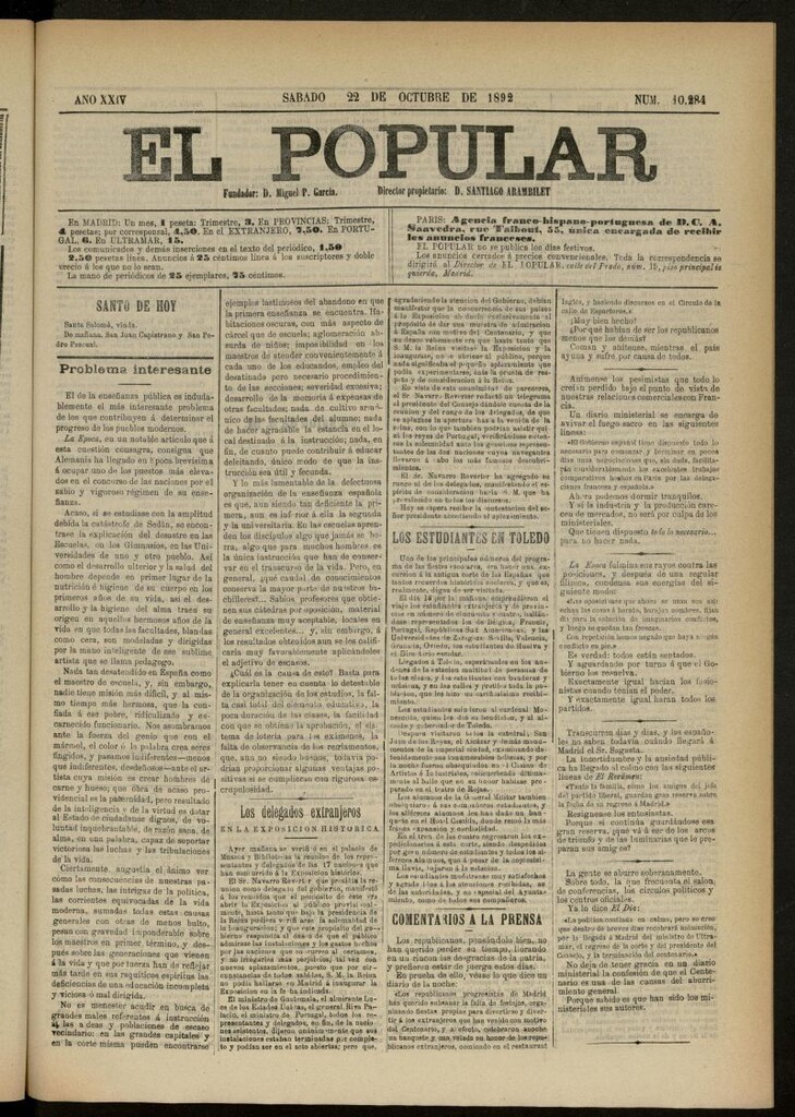 Miniatura de El Popular: diario independiente, político, literario y de noticias de interés general del 22 de octubre de 1892, nº 10284